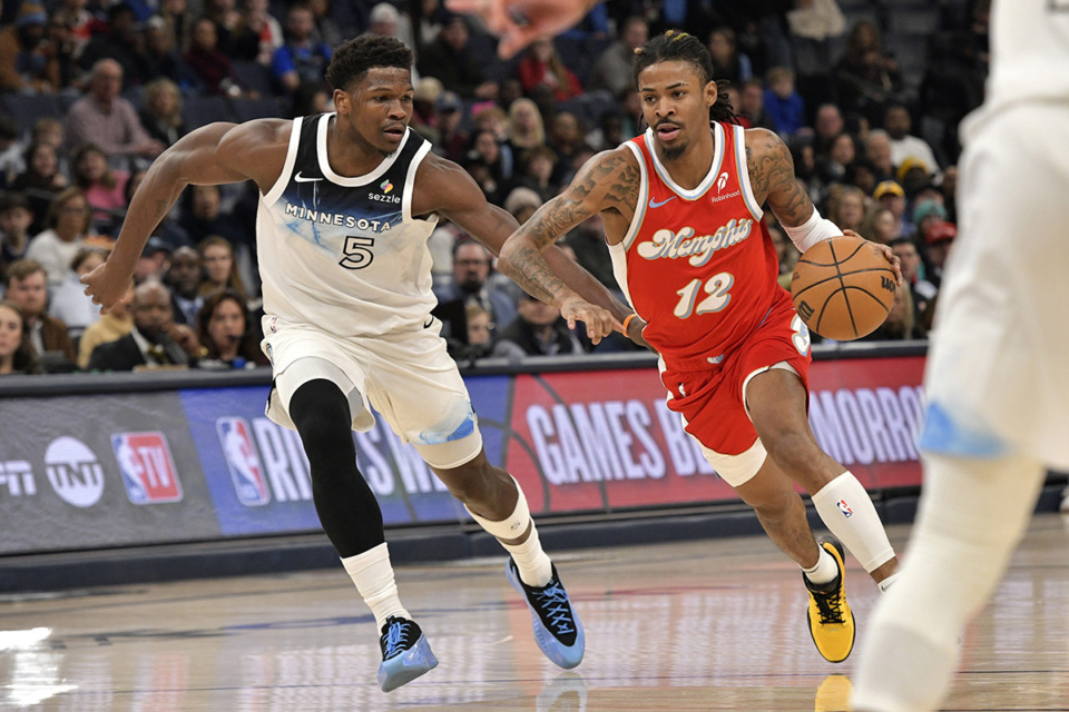 <strong>Memphis Grizzlies guard Ja Morant (12) handles the ball against Minnesota Timberwolves guard Anthony Edwards (5) in the first half of an NBA basketball game Jan. 20 in Memphis.</strong> (Brandon Dill/AP file)