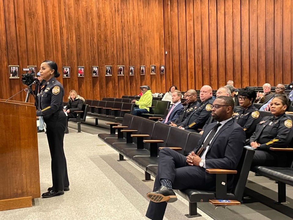 <strong>Memphis Police Chief C.J. Davis stands in front of the Memphis City Council, Tuesday, Jan. 21, while Memphis Mayor Paul Young looks on. The council reappointed Davis Tuesday, a year after it tabled her reappointment.</strong> (Samuel Hardiman/The Daily Memphian)&nbsp;