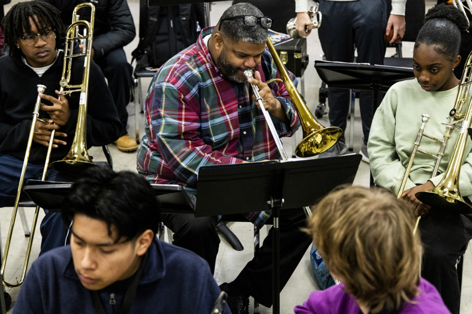 <strong>Ollie Liddell, the band director at Central High, works with his jazz band on Tuesday, Jan. 21, 2025. Liddell comes in at 7 a.m. and leaves at 7 p.m. to provide a space for his students to practice.</strong> (Brad Vest/Special to The Daily Memphian)