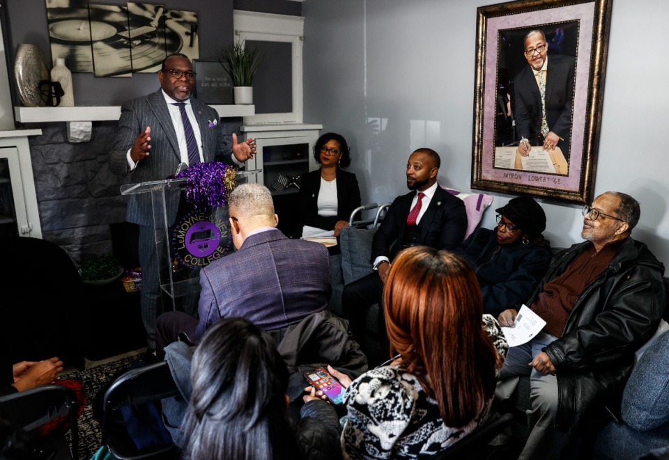 <strong>LeMoyne-Owen College President Christopher B. Davis (left) speaks during a dedication ceremony for the Lowery Communication Center on Monday, January 20, 2025.</strong> (Mark Weber/The Daily Memphian)