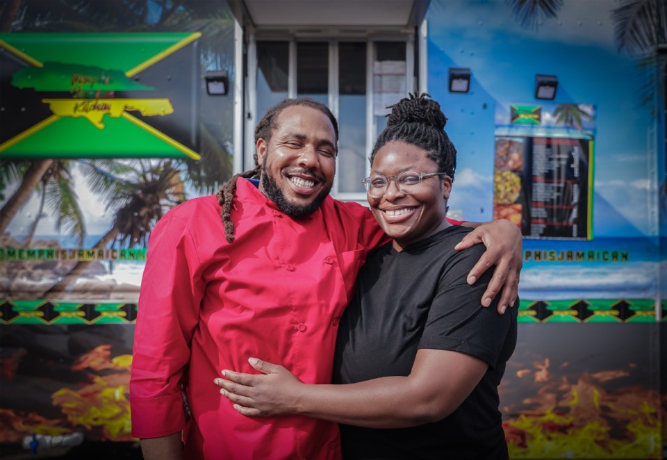 <strong>Ryan and Ebony Meeks, owners of the Memphis Jamaican Kitchen, outside of their food truck in Downtown Memphis June 2, 2023.</strong> (Patrick Lantrip/The Daily Memphian file)