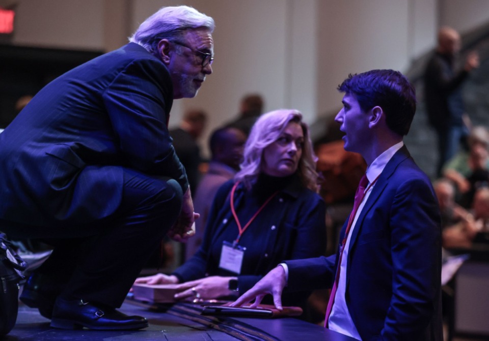 <strong>Newly elected GOP chairman Worth Morgan (right) talks with his constituents at the meeting where he was selected to head the Shelby County Republican Party Jan. 25, 2025.</strong> (Patrick Lantrip/The Daily Memphian)