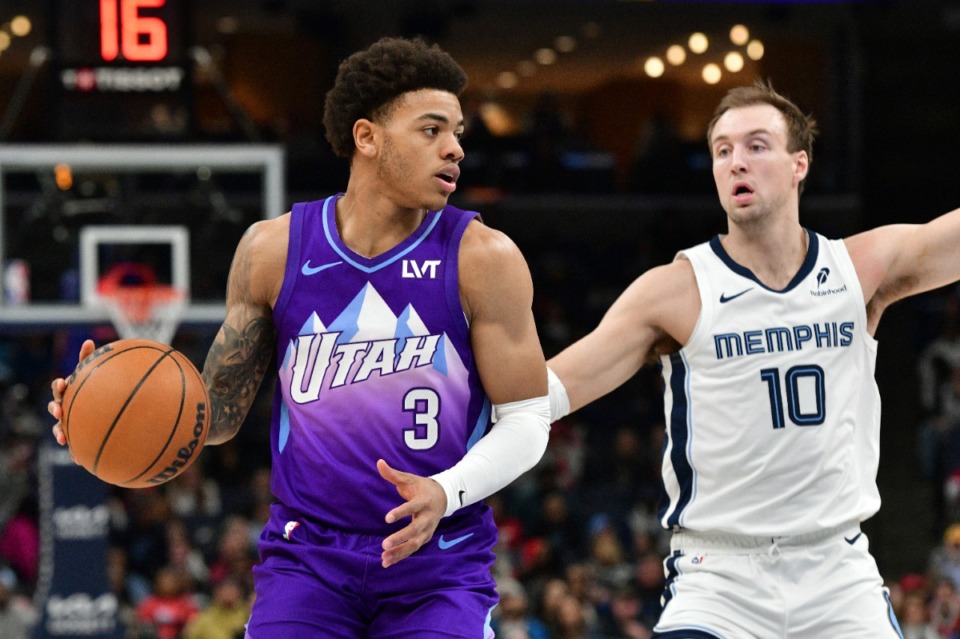 <strong>Utah Jazz guard Keyonte George (3) handles the ball against Memphis Grizzlies guard Luke Kennard (10) in the first half of an NBA basketball game Saturday, Jan. 25, 2025, at FedExForum.</strong> (Brandon Dill/AP)