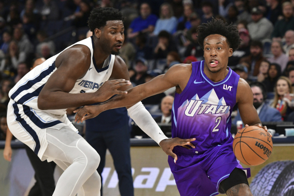 <strong>Memphis Grizzlies forward Jaren Jackson Jr. guards Utah Jazz guard Collin Sexton (2) in an NBA basketball game, Saturday, Jan. 25, 2025, at FedExForum.</strong> (Brandon Dill/AP)