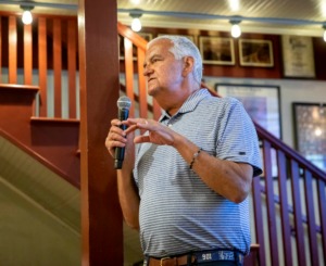 <strong>Nick Vergos, speaking June 23, 2019, to a crowd of Make-A-Wish supporters at Vergos' Rendezvous restaurant, died Thursday, Sept. 5, 2019.</strong> (Mike Kerr/Special to The Daily Memphian)