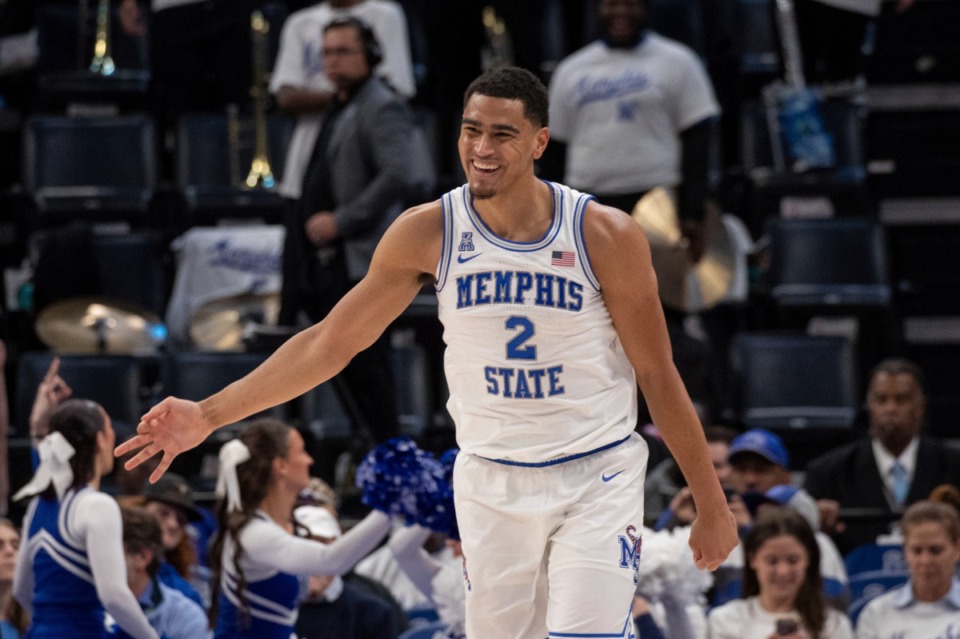 <strong>Memphis forward Nicholas Jourdain celebrates after his 3-point basket against UAB during the second half of an NCAA college basketball game Sunday, Jan. 26, 2025, in Memphis.</strong> (Nikki Boertman/AP)