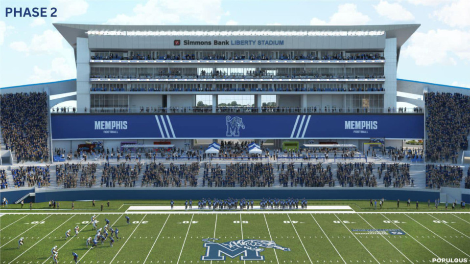 <strong>A rendering of the finished Phase 2 Liberty Stadium renovations. Phase 3 had included adding seats above the&nbsp;&lsquo;'party plaza&rsquo;' but Memphis athletic director Ed Scott told The Daily Memphian those seats would not be added</strong>. (Courtesy Memphis Athletics)