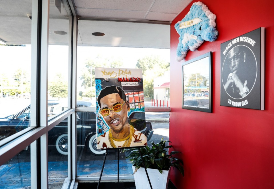 <strong>A section honoring Rapper Young Dolph inside Makeda's on Tuesday, Oct. 4, 2022 at their store on Airways Blvd.</strong> (Mark Weber/The Daily Memphian file)