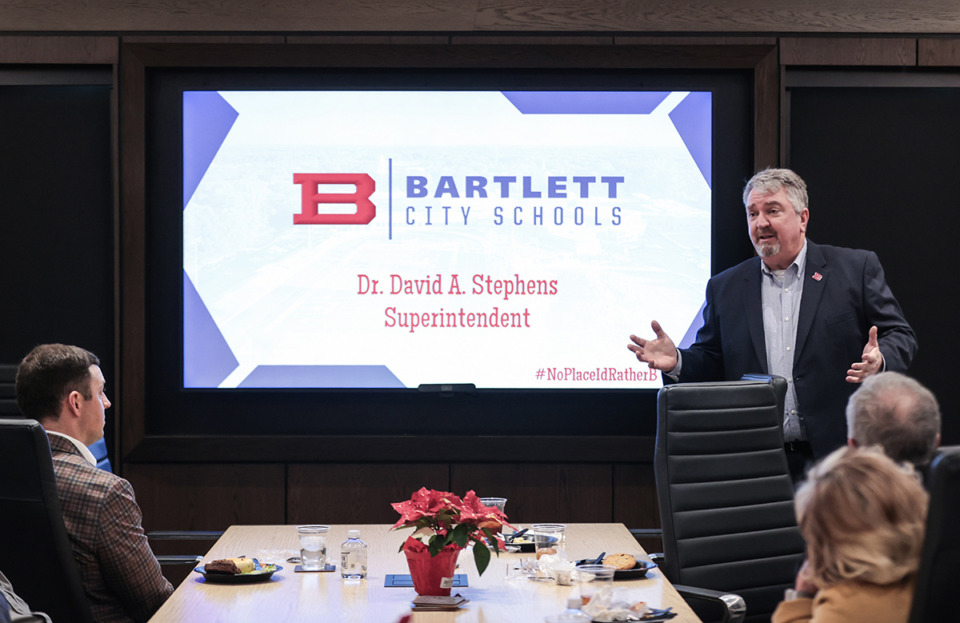 <strong>Bartlett City Schools Superintendent David Stephens speaks at a Bank of Bartlett luncheon Jan. 28.</strong> (Patrick Lantrip/The Daily Memphian)