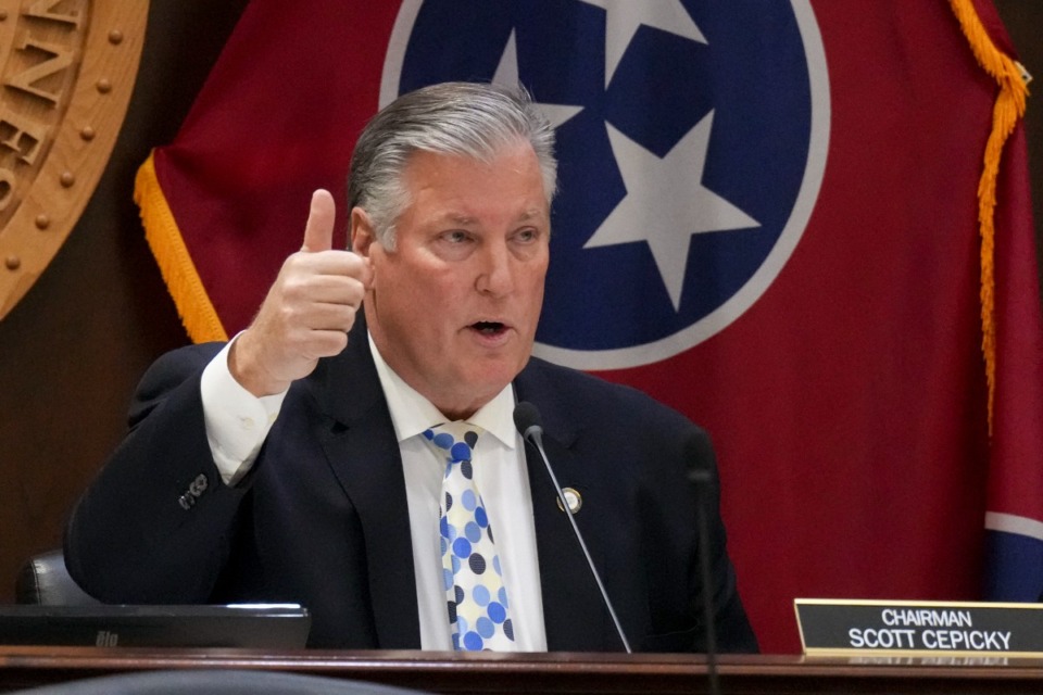 <strong>Rep. Scott Cepicky, R-Culeoka, speaks during a meeting of the House Education Committee during a special session of the state Legislature Tuesday, Jan. 28, 2025, in Nashville.</strong> (George Walker IV/AP)