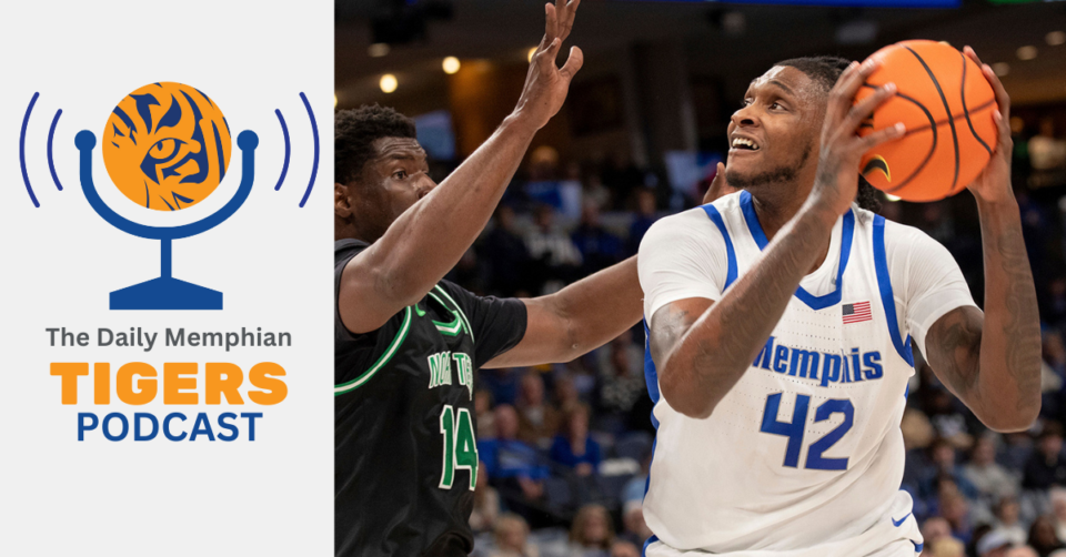 <strong>North Texas forward Moulaye Sissoko (14) defends against a shot-attempt by Memphis forward Dain Dainja (42) during the first half of an NCAA college basketball game Sunday, Jan. 5, 2025, in Memphis.</strong> (Nikki Boertman/AP Photo)