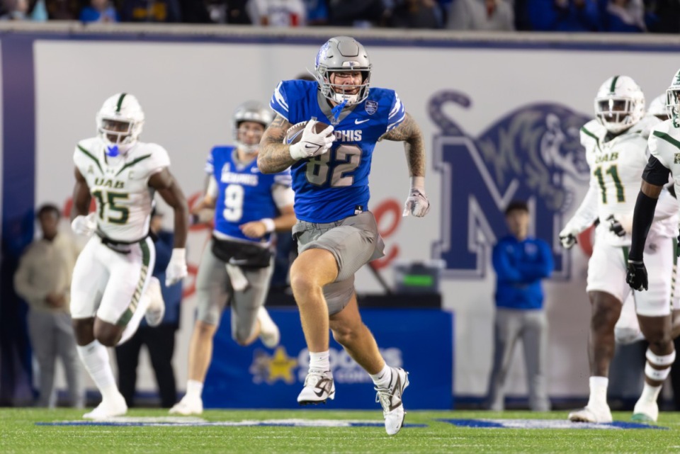 <strong>Memphis Tiger tight end Anthony Landphere (82) runs against the UAB Blazers on Nov 16, 2024, at Simmons Bank Liberty Stadium.</strong> (Wes Hale/The Daily Memphian file)