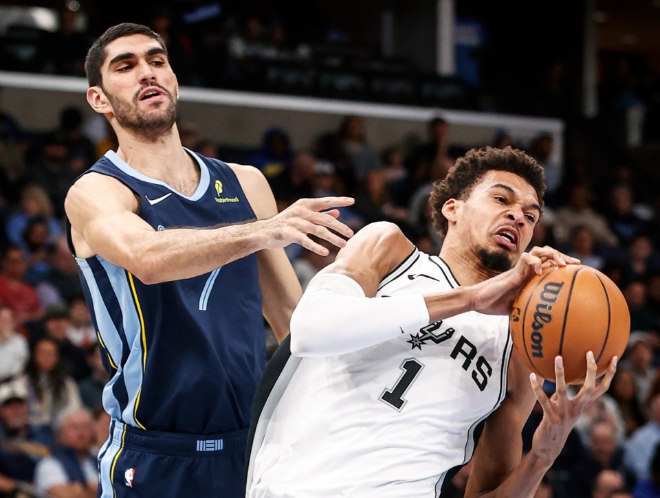 <strong>Memphis Grizzlies defender Santi Aldama (left) applies pressure to San Antonio Spurs center Victor Wembanyama (right) on Monday, Feb. 3, 2025.</strong> (Mark Weber/The Daily Memphian)