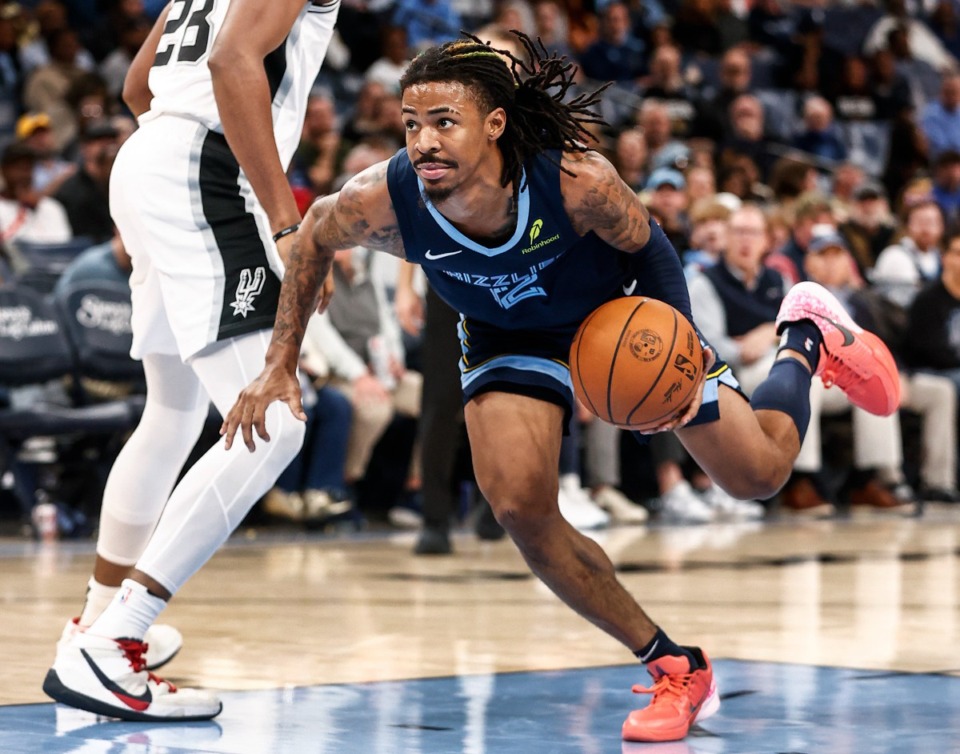 <strong>Memphis Grizzlies guard Ja Morant drives the lane against San Antonio on Monday, Feb. 3, 2025.</strong> (Mark Weber/The Daily Memphian)