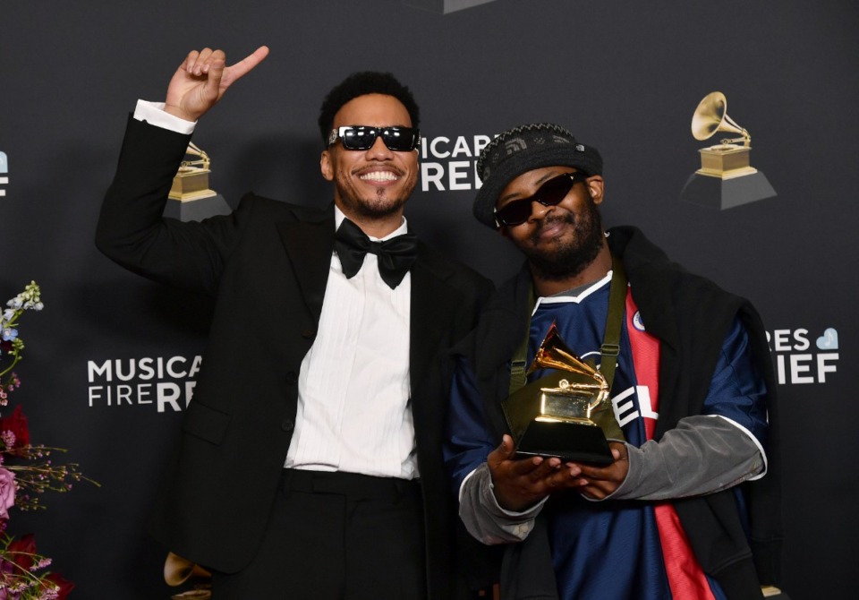 <strong>Anderson .Paak, left, and Knxwledge, winners of the Best Progressive R&amp;B Album for "Why Lawd?," pose in the press room during the 67th annual Grammy Awards on Feb. 2 in Los Angeles</strong>. (Richard Shotwell/Invision/AP file)