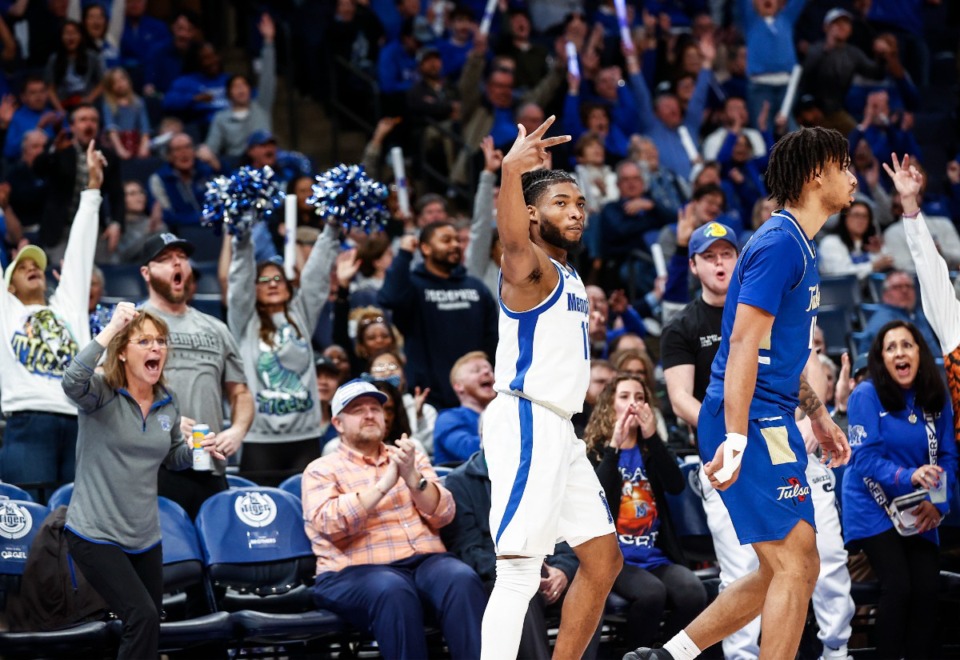 <strong>University of Memphis guard Tyrese Hunter celebrates a made 3-pointer against Tulsa University on Tuesday, Feb. 5, 2025.</strong> (Mark Weber/The Daily Memphian)