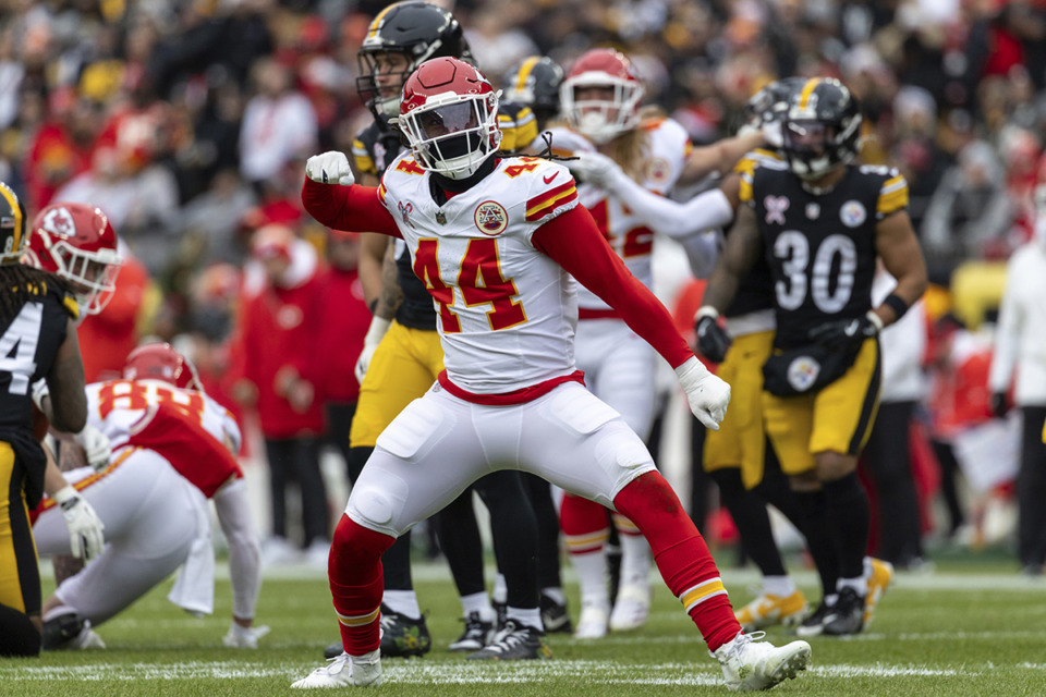 <strong>Kansas City Chiefs linebacker Cam Jones (44) celebrates after a tackle during an NFL football game Dec. 25, 2024, in Pittsburgh.</strong> (Matt Durisko/AP file)