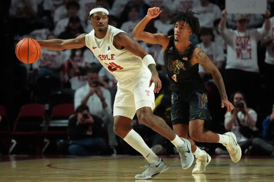 <strong>Temple's Jamal Mashburn Jr., left, tries to get past Memphis guard PJ Haggerty on Jan. 16, 2025, in Philadelphia. Mashburn is averaging 22.1 points per game, compared to Haggerty&rsquo;s 21.7 per game.</strong> (Matt Slocum/AP file)