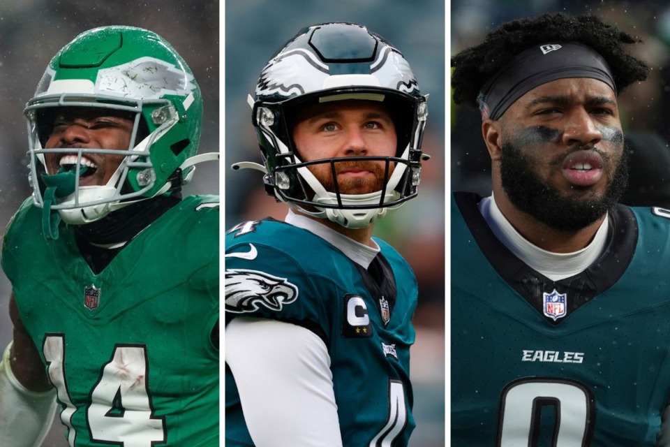 <strong>From left to right:&nbsp;Running back Kenneth Gainwell, kicker Jake Elliott and edge rusher Bryce Huff will represent the University of Memphis as members of the Philadelphia Eagles in Sunday&rsquo;s Super Bowl.</strong> (From left to right: Matt Rourke/AP file; Rich Schultz/AP file; Matt Slocum/AP file)