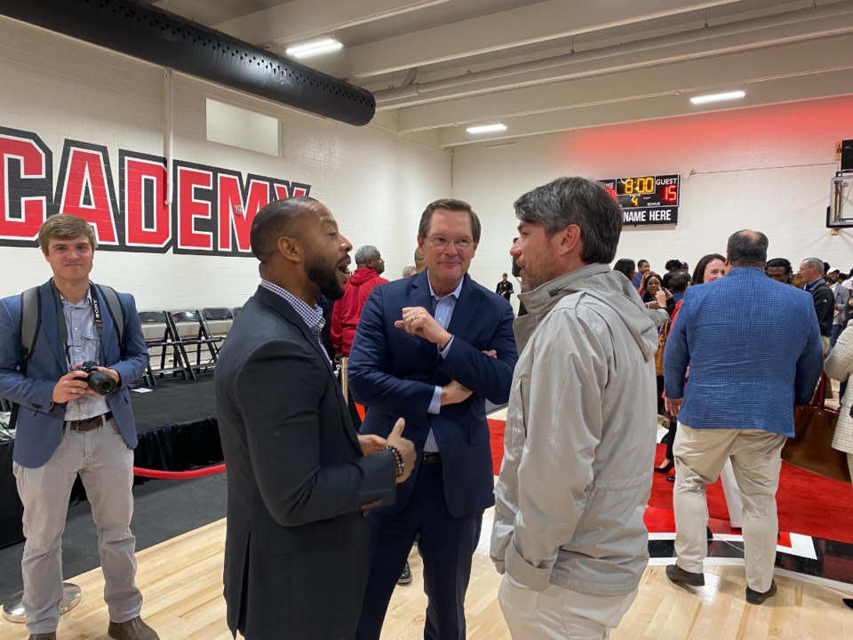 <strong>Tennessee House of Representatives Speaker Cameron Sexton (center) at Friday&rsquo;s opening of Pure Academy talks with County Commissioner Mickell Lowery (left) and City Council member Philip Spinosa (right).</strong> (Bill Dries/The Daily Memphian)