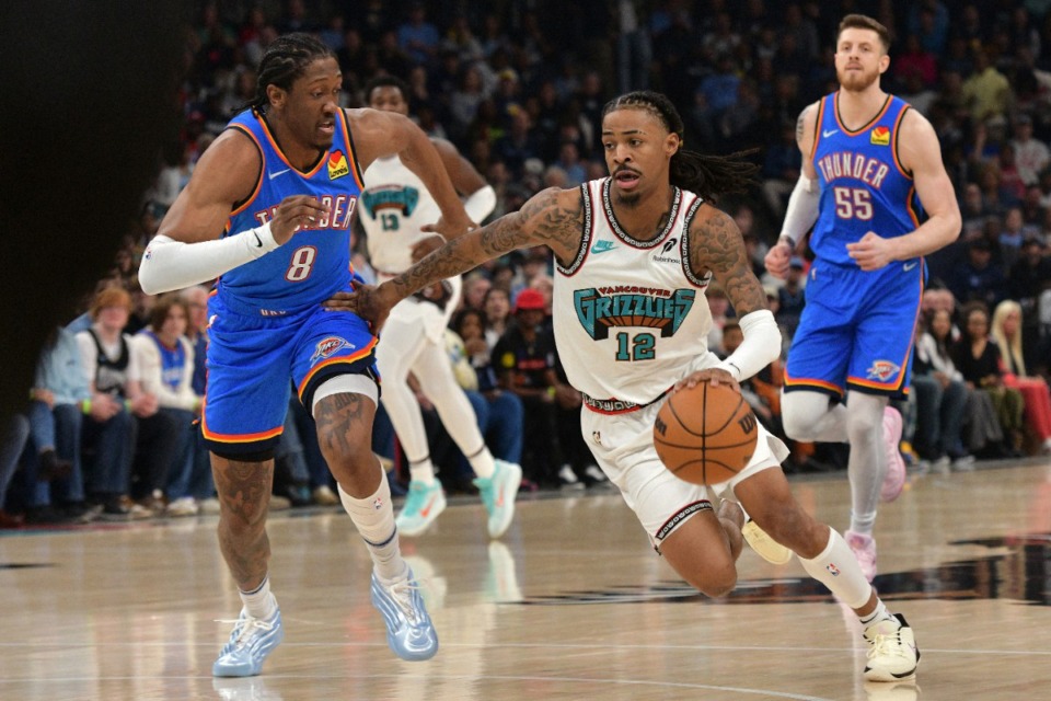 <strong>Memphis Grizzlies guard Ja Morant (12) handles the ball against Oklahoma City Thunder forward Jalen Williams (8) in the first half of an NBA basketball game Saturday, Feb. 8, 2025, at FedExForum.</strong> (Brandon Dill/AP)