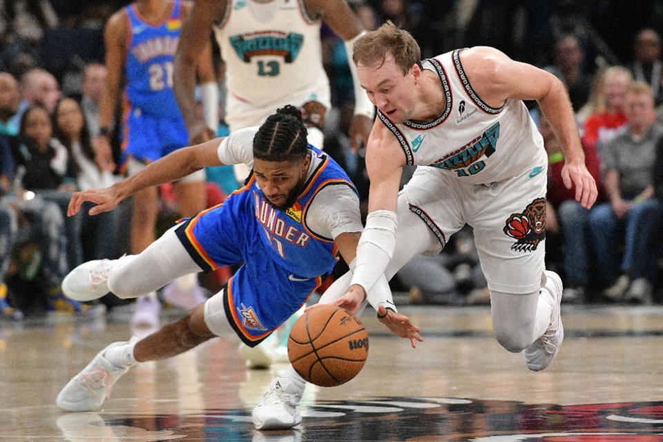 <strong>Memphis Grizzlies guard Luke Kennard (right) fights Oklahoma City Thunder guard Isaiah Joe in the first half of an NBA basketball game Saturday, Feb. 8, 2025, at FedExForum.</strong> (Brandon Dill/AP)