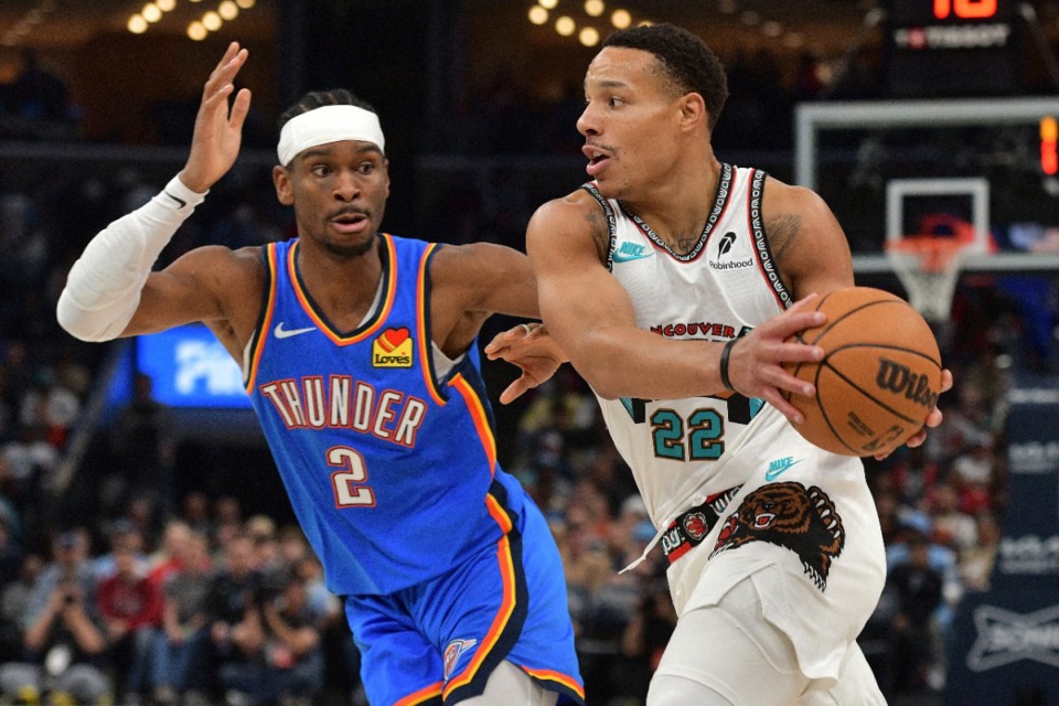 <strong>Memphis Grizzlies guard Desmond Bane (22) handles the ball against Oklahoma City Thunder guard Shai Gilgeous-Alexander (2) in the first half of an NBA basketball game Saturday, Feb. 8, 2025, at FedExForum.</strong> (Brandon Dill/AP file)