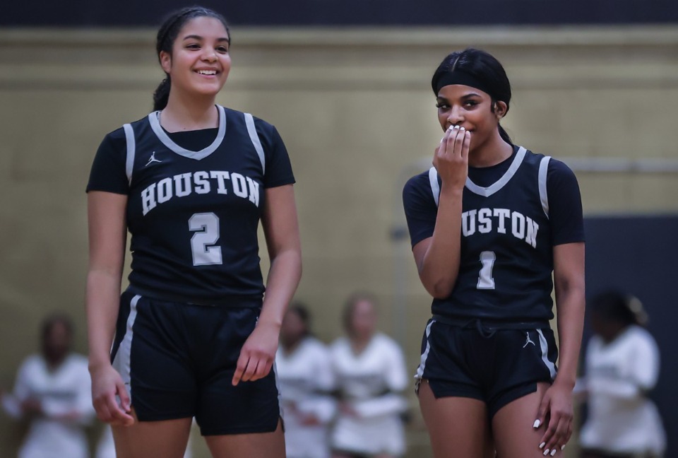 <strong>Houston teammates Teniya Morant (1) and Shayla Rodgers (2) share a laugh during a Feb. 24, 2023 game at Whitehaven.</strong> (Patrick Lantrip/The Daily Memphian file)