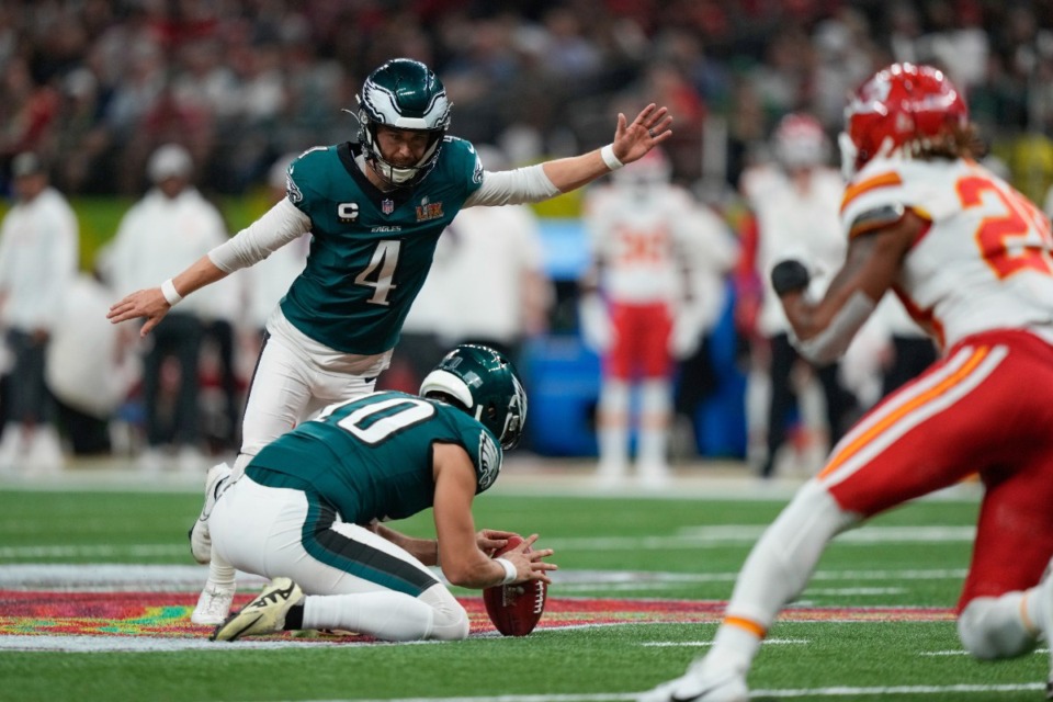 <strong>Philadelphia Eagles kicker Jake Elliott (4) kicks a field goal during the second half of the NFL Super Bowl 59 football game against the Kansas City Chiefs, Sunday, Feb. 9, 2025, in New Orleans.</strong> (Matt Slocum/AP Photo)