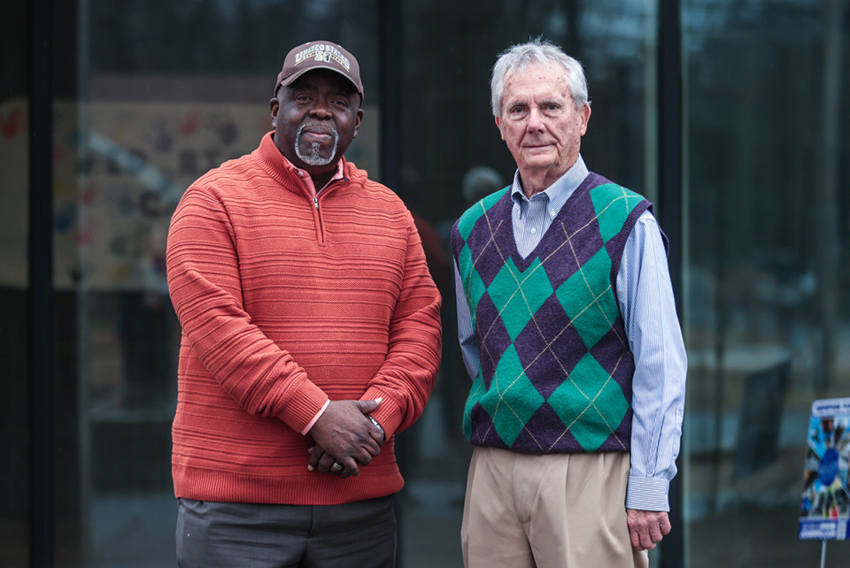 <strong>Frayser Exchange Club leader Shelly Rice, right, poses for a portrait with his successor, Pastor Mike Ellis, outside of the Ed Rice Community Center Jan. 30, 2025.</strong> (Patrick Lantrip/The Daily Memphian)