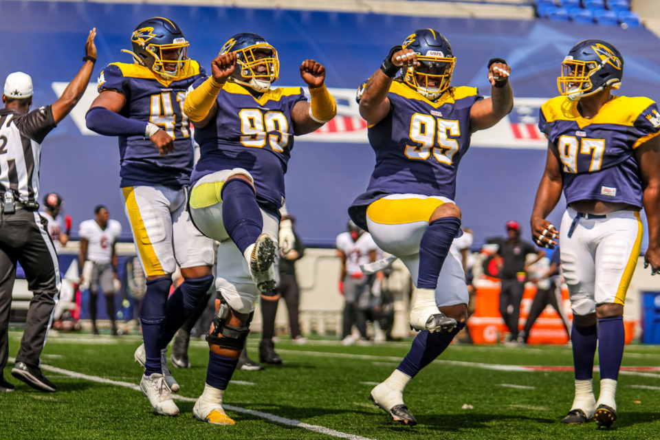 <strong>Memphis Showboats defense celebrates after a big play against Houston, Sunday, May 28, 2023, at Simmons Bank Liberty Stadium. Memphis beat Houston 23-20. </strong>(Wes Hale/Special to The Daily Memphian file)