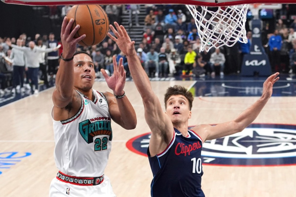 <strong>Memphis Grizzlies guard Desmond Bane, left, who led the Grizzlies with 23 points, shoots past Los Angeles Clippers guard Bogdan Bogdanovic Wednesday, Feb. 12, 2025, in Inglewood, California.</strong> (Mark J. Terrill/AP)