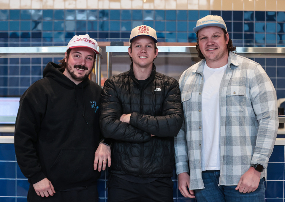 <strong>Harrison Downing (from left), Cole Jeanes and Schuyler O&rsquo;Brien pose for a portrait at Hard Times Deli Feb. 11, 2025.</strong> (Patrick Lantrip/The Daily Memphian)