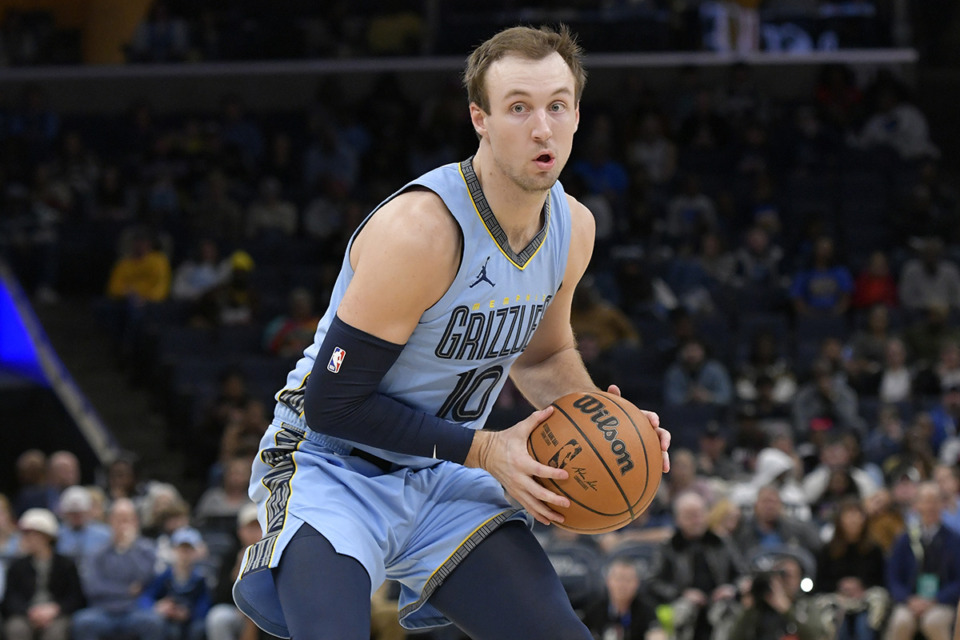 <strong>Memphis Grizzlies guard Luke Kennard (10) plays in the second half of an NBA basketball game against the New Orleans Pelicans Monday, Feb. 12, 2024, in Memphis.</strong> (Brandon Dill/(AP Photo)