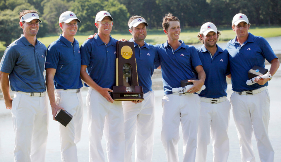 <strong>Josh Gregory, fourth from left, was head coach of the Augusta State men's golf team that won the 2011 NCAA Division I Men's Golf Championship at Karsten Creek Golf Course in Stillwater, Okla. Gregory, who graduated from CBHS, is one of 14 members of the Memphis Amateur Sports Hall of Fame&rsquo;s Class of 2024.</strong> (AP File Photo/The Oklahoman, Nate Billings)