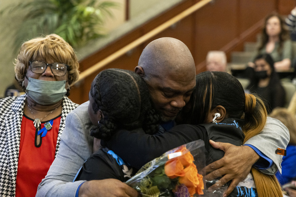 <strong>James Woods reacts while meeting the family of Demarco Ward, his heart donor.</strong> (Brad Vest/Special to The Daily Memphian)