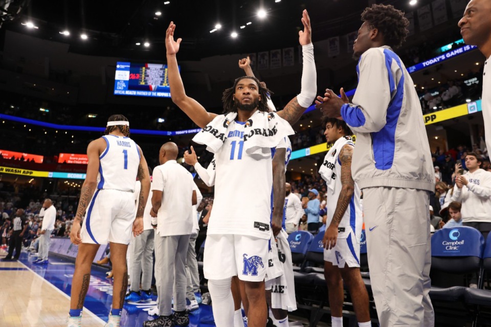 <strong>Memphis Tigers guard Tyrese Hunter (11) reacts to the crowd during the second half against the Mississippi Rebels at FedExForum on Saturday, Dec. 28, 2024.</strong> (Wes Hale/The Daily Memphian file)