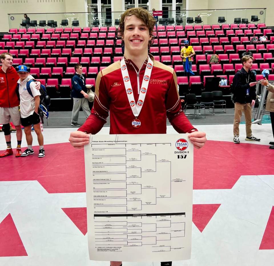 <strong>Griffin Davis, a senior at St. George&rsquo;s, posted a 13-0 major decision victory over Chattanooga Baylor&rsquo;s William Emendorfer to win the title in the 157-pound class Saturday.</strong> (John Varlas/The Daily Memphian)