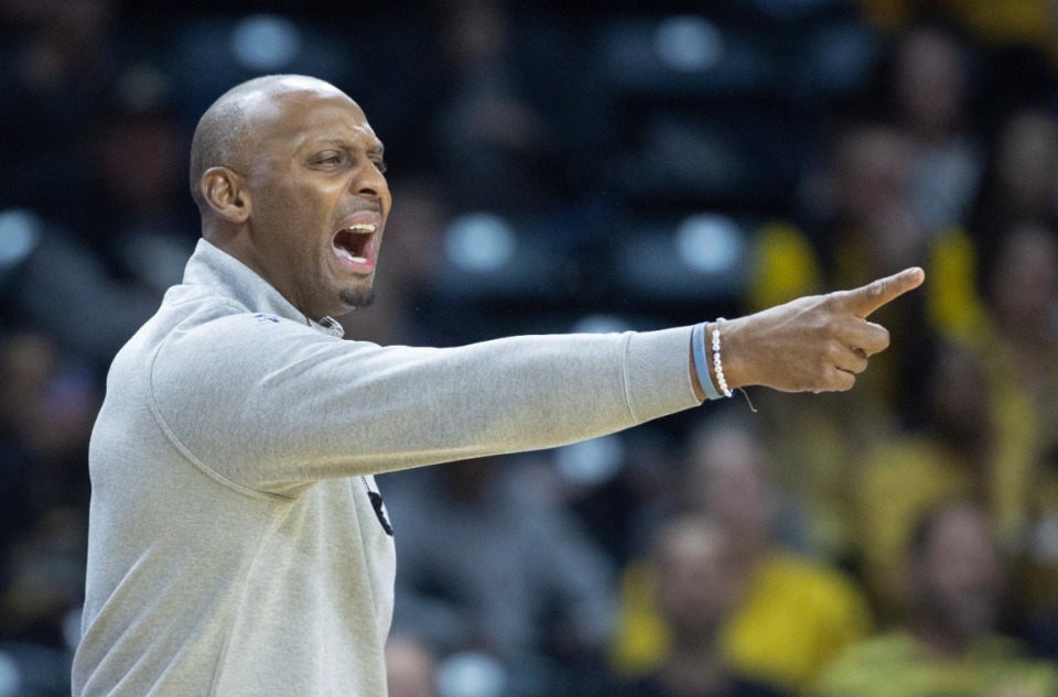 <strong>Memphis head coach Penny Hardaway yells at his team during the first half of an NCAA college basketball game against Wichita State, Sunday, Feb. 16, 2025, in Wichita, Kan.</strong> (Travis Heying/AP Photo)