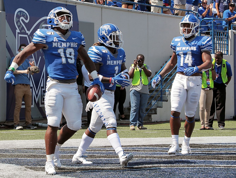 <strong>Memphis Tigers running back Kenneth Gainwell (19) celebrates with his teammates after ripping off a long touchdown run in the first half of the Tigers game against Southern University at Liberty Bowl Memorial Stadium on Saturday, Sept. 7, 2019.</strong> (Patrick Lantrip/Daily Memphian)