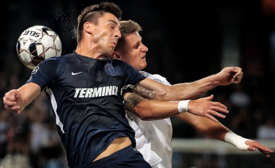 <strong>Memphis defender Wes Charpie battles for a header against the Rangers' Killian Colombie during 901 FC's 4-2 win over Swope Park at AutoZone Park on Sept. 7, 2019.</strong> (Jim Weber/Daily Memphian)