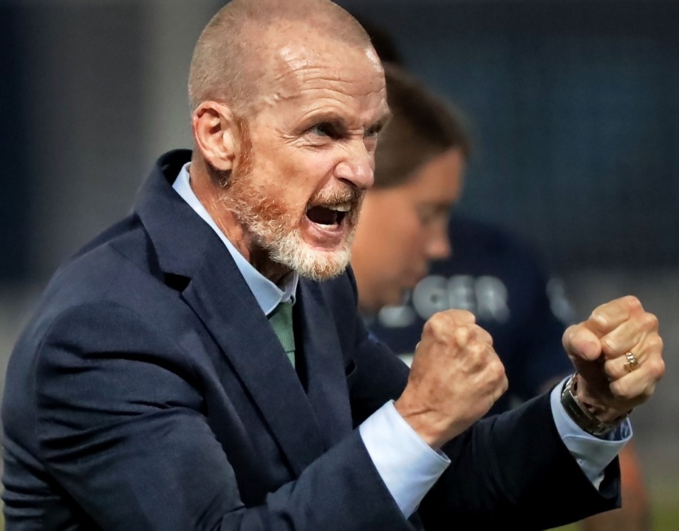 <strong>Memphis head coach Tim Mulqueen reacts after a score against the Rangers during 901 FC's 4-2 win over Swope Park at AutoZone Park on Sept. 7, 2019.</strong> (Jim Weber/Daily Memphian)