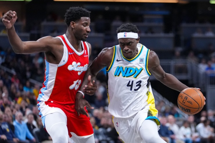 Indiana Pacers forward Pascal Siakam (43) drives on Memphis Grizzlies forward Jaren Jackson Jr. (13) during the first half of an NBA basketball game in Indianapolis on Feb. 20. (Michael Conroy/AP file)