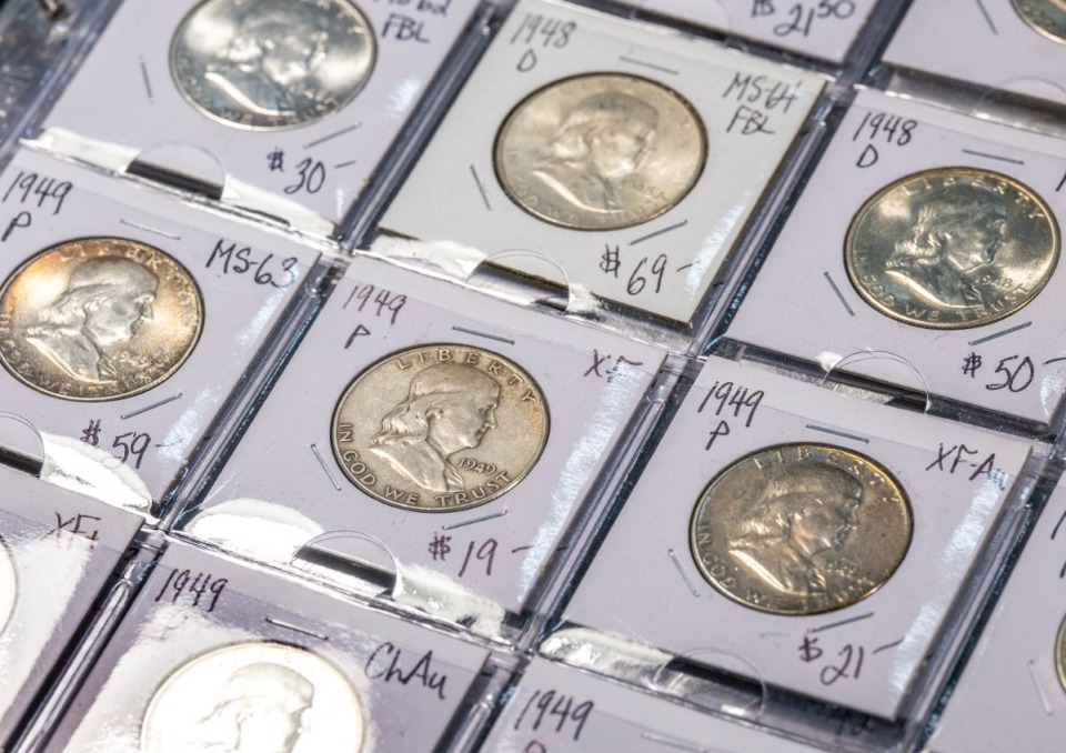 <strong>Coins are on display at a vendor table at the 2025 annual Memphis Coin Club Show at the Landers Center in Southaven</strong>. (Greg Campbell/Special to The Daily Memphian)