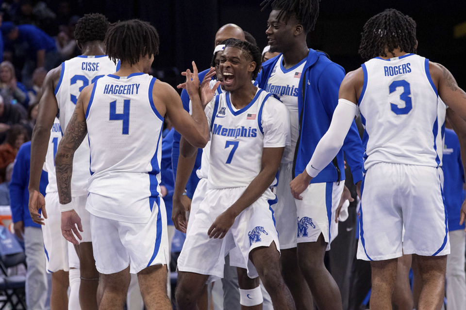 <strong>Memphis guard PJ Carter (7) celebrates with guard PJ Haggerty (4) during the second half of an NCAA college basketball game against Florida Atlantic, Sunday, Feb. 23, 2025, in Memphis.</strong> (Nikki Boertman/AP Photo)