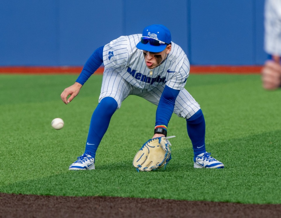 <strong>Memphis second baseman Daniel Perez comes in to scoop up a ground ball only to have it bounce off of his glove for a Southeast Missouri State hit in the season opener at FedEx Field on Feb. 14, 2025.&nbsp;Perez was second on the team last year with a .328 batting average.</strong> (Greg Campbell/Special for The Daily Memphian)