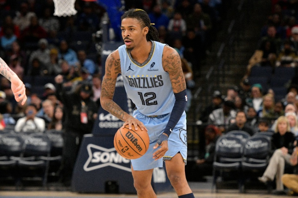 <strong>Memphis Grizzlies guard Ja Morant (12) handles the ball in the first half of an NBA basketball game against the Charlotte Hornets Wednesday, Jan. 22, 2025, in Memphis.</strong> (Brandon Dill/AP)