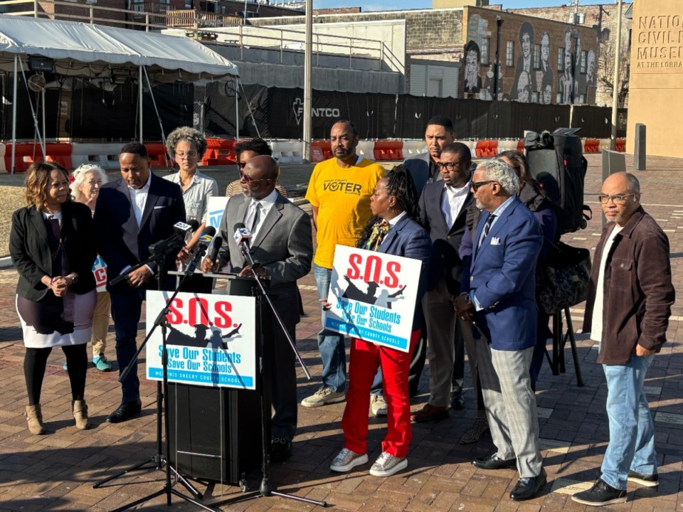 <strong>Ron Redwing, co-founder of S.O.S. and president and CEO of The Redwing Group, (center) speaks at a&nbsp;&ldquo;Save Our Students&rdquo; press conference on Wednesday, Feb. 26, 2025.</strong> (Brandon LaGrone/The Daily Memphian)