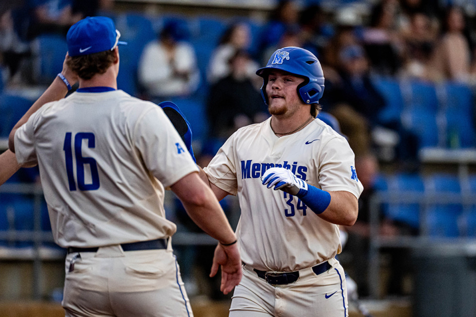 <strong>Carter McKay (34) celebrates during the Memphis vs. Alabama A&amp;M game on Feb. 25, 2025. McKay hit a two-run homer in the 17-3 win.</strong> (Courtesy Memphis Tigers Athletics)