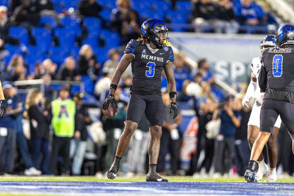 <strong>Memphis Tigers wide receiver Roc Taylor (3) catches the ball against the Rice Owls on Nov. 8, 2024, at Simmons Bank Liberty Stadium.</strong> (Wes Hale/Special to The Daily Memphian)